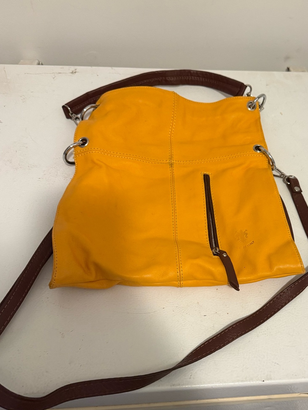 Yellow Leather Crossbody Bag with Brown Strap